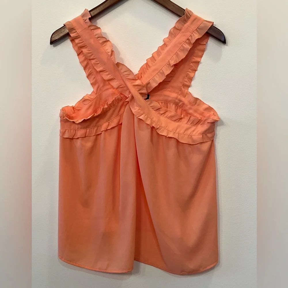 J Crew peach ruffle detail sleeveless blouse crisscross back relaxed fit sz 10